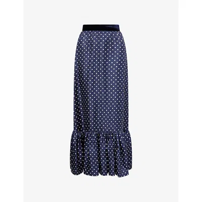 Valentino Womens Navy Betulla Polka Dot Ruffle Silk Midi Skirt In Blue