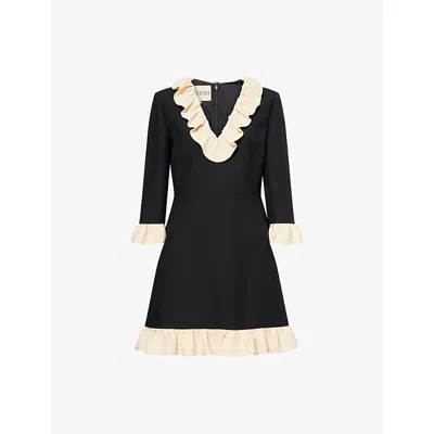 Valentino Womens Navy Betulla Ruffled V-neck Wool And Silk Midi Dress In Blue