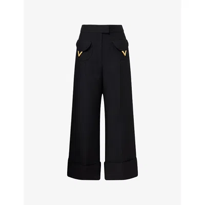 Valentino Womens Nero Pantalone Logo-plaque Wool-blend Trousers In Black