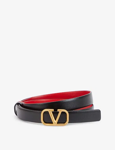 Valentino Garavani Womens Nero-rouge Pur V-logo Buckle Slim Reversible Leather Belt In Black