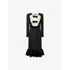 Valentino Belted Bow-embellished Velvet And Ottoman-trimmed Wool Midi Dress In Nero Soft Beige