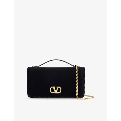 Valentino Garavani Womens Nero/cream-crystal Vlogo Embellished Velvet Wallet-on Chain