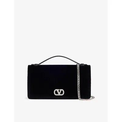 Valentino Garavani Womens Nero/crystal Vlogo Crystal Velvet Wallet-on-chain In Black