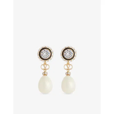 Valentino Garavani Womens Oro/nero/crystal/cream Vlogo Signature Gold-plated Metal, Pearl And Crystal Earrings In Multi