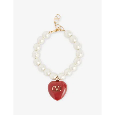 Valentino Garavani Womens  Couer Royal Heart Vlogo Metal And Enamel Pearl Bracelet In Gold
