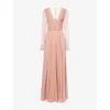Valentino Womens Pastel Rose Shirred-bodice Sheer-sleeve Silk Gown In Brown
