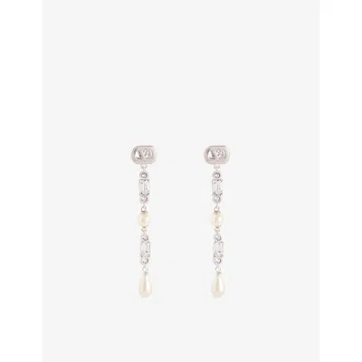 Valentino Garavani Womens Rhodium/cream/crystal Ovalette Brass And Swarovski Crystal And Pearl Earrings In Multi