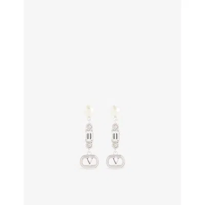 Valentino Garavani Womens Rhodium/cream/crystal Ovalette Metal, Pearl And Swarovski® Crystal Drop Earrings In Multi
