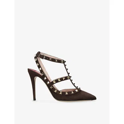 Valentino Garavani Womens Rockstud 100 T-bar Suede Heeled Sandals Dark Brown Eur 39 / 6 Uk