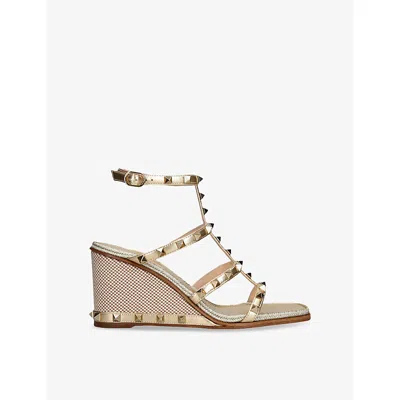Valentino Garavani Womens Rockstud 80 Metallic-leather Wedge Sandals Beige Eur 37 / 4 Uk