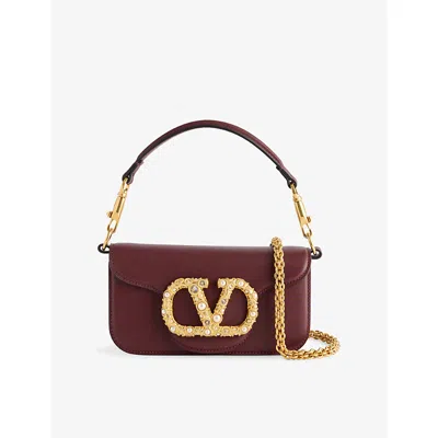 Valentino Garavani Womens Locò Vlogo Small Leather Shoulder Bag Rosewood/cream-crystal