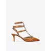 Valentino Rockstud Caged 65 Grainy Leather Ankle Strap Pump In Tan