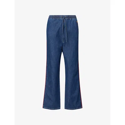 Valentino Womens Denim Scuro Contrast-stripe Drawstring-waist Denim Jeans In Blue