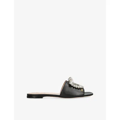 Valentino Garavani Womens Black/comb Adamantine Crystal Leather Flat Sandals Eur 39 / 6 Uk