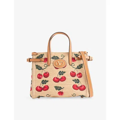 VALENTINO GARAVANI WOMENS NATURALE/MULTICOLOR/NC ANTIBES CHERRY SMALL COTTON TOTE BAG