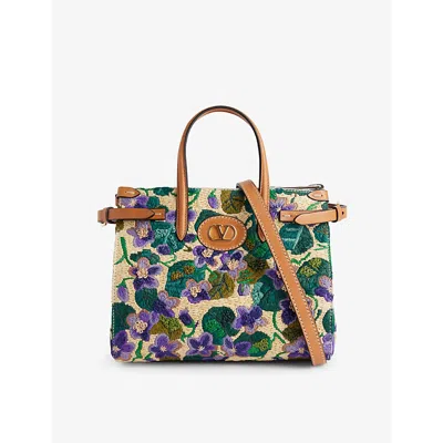 Valentino Garavani Antibes Small Violet Flower Raffia Tote Bag In Natural Multi Camel