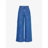 Valentino Womens Brand-patch Buttoned-pockets Wide-leg High-rise Denim And Linen-blend Jeans Medium Blue Denim In Medium Blue Denim