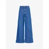 Valentino Womens Brand-patch Buttoned-pockets Wide-leg High-rise Denim And Linen-blend Jeans Medium Blue Denim In Medium Blue Denim