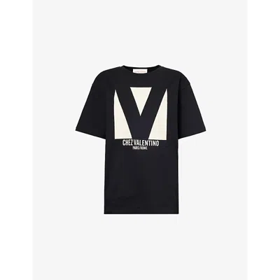 Valentino Womens  Garavani Chez Brand-print Cotton-jersey T-shirt In Nero