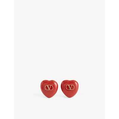 Valentino Garavani Womens  Coeur Royal Vlogo Metal And Enamel Stud Earrings In Oro/rosso