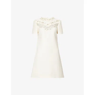 Valentino Womens Avorio Embellished Bow Short-sleeve Wool-silk Mini Dress In Gray