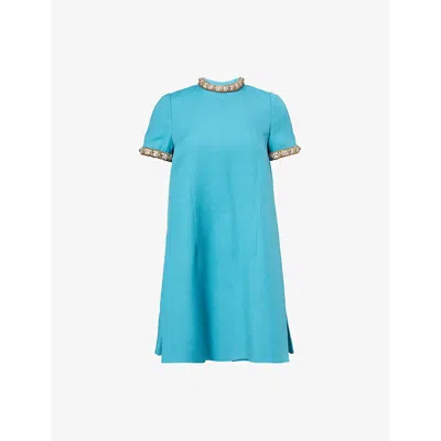 Valentino Womens Embellished Pleated Wool And Silk-blend Mini Dress Celestial Blue