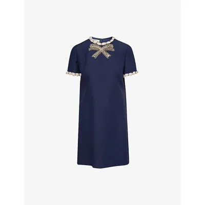 VALENTINO WOMENS INDACO AVORIO EMBROIDERED SHORT-SLEEVE WOOL-SILK MINI DRESS