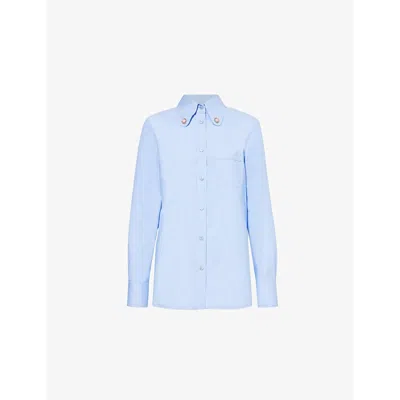 Valentino Womens Flower-design-plaques Patch-pocket Cotton-poplin Shirt Dark Azzurro