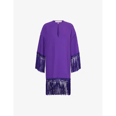 Valentino Fringed Keyhole Neckline Mid-length Sleeves Dress In Purple