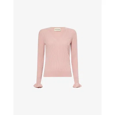Valentino Womens Oriental Pink Logo-embroidery Cable-knit Cashmere Jumper