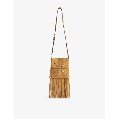 Valentino Garavani Womens  Nellcôte Stud-embellished Fringed Small Suede Shoulder Bag In Havana Beige