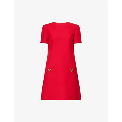 Valentino Womens Paris Pocket-front Short-sleeve Wool-blend Midi Dress In Red