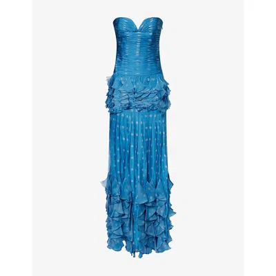 VALENTINO WOMENS CERULEAN BETULLA POLKA-DOT RUFFLED SILK GOWN