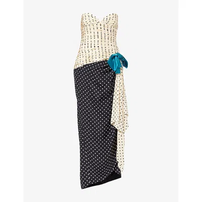 Valentino Womens Nero Betulla Polka-dot Strapless Asymmetric-hem Silk Midi Dress In Gray
