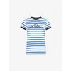 Valentino Womens Striped Embroidered Cotton-jersey T-shirt Avorio Blu In Avorio Blu