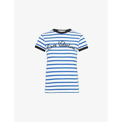 Valentino Womens Striped Embroidered Cotton-jersey T-shirt Avorio Blu