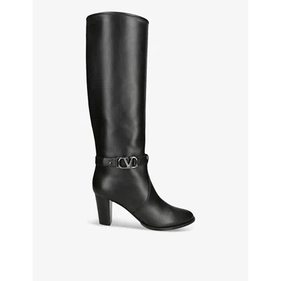 VALENTINO GARAVANI WOMENS VALENTINO GARAVANI V-LOGO SIGNATURE KNEE-HIGH HEELED LEATHER BOOTS