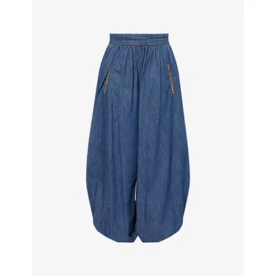 Valentino Womens Wide-leg Cuffed-hem Chambray Denim Trousers Medium Blue Denim
