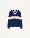 Valentino Embroidered Striped Virgin Wool And Cotton-blend Sweater In Blue