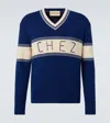 Valentino Embroidered Striped Virgin Wool And Cotton-blend Sweater In Blue