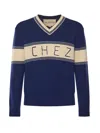 Valentino Embroidered Striped Virgin Wool And Cotton-blend Sweater In Blue