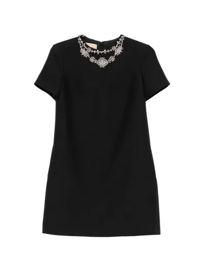 Valentino Wool Silk Blend Mini Dress Crystals In Black