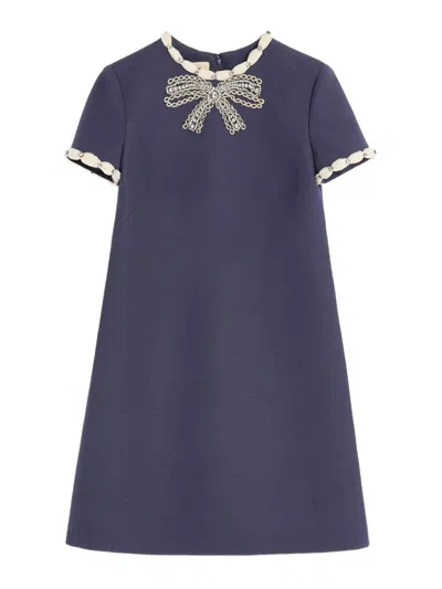 Valentino Wool And Silk Embroidered Dress In Blue