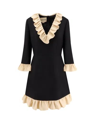 Valentino Ruffled Wool And Silk-blend Crepe Mini Dress In Black
