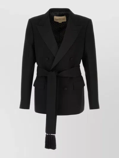 Valentino Wool Blazer Belted Waist Double Breasted Tassels In Black
