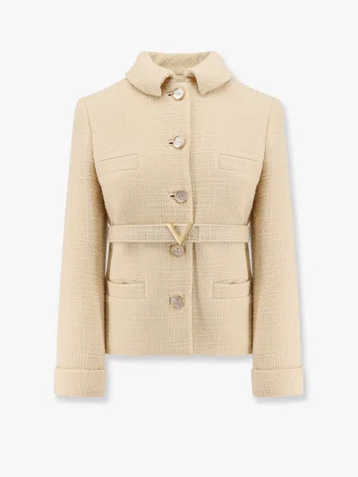 Valentino Wool Blazer With Leather Belt And V Gold Buckle In Beige