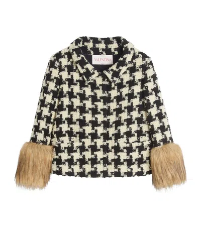Valentino Faux-fur Macro Houndstooth Tweed Jacket In Beige