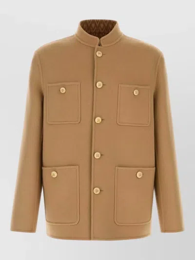 Valentino Wool Blend Jacket Four Pockets Stand Collar In Neutral