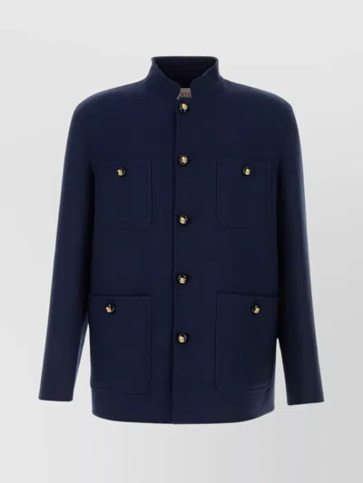 Valentino Wool Blend Jacket With Four Pockets And High Collar In Blue