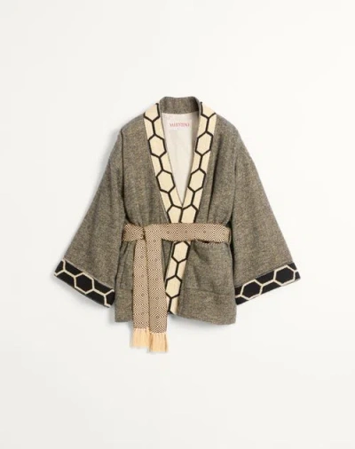 Valentino Wool Blend Robe Jacket With Jacquard Trim And Belt In Multicolor